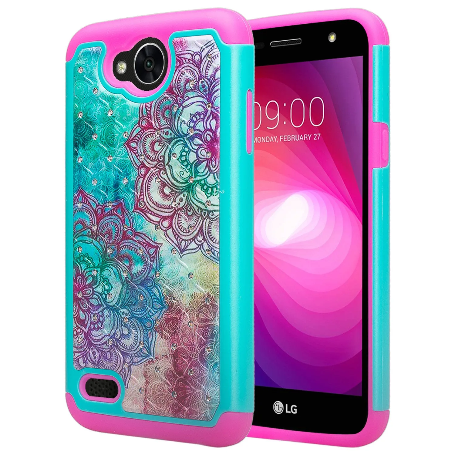 LG X Power 2 Case, LG X Charge, LG Fiesta 2, Fiesta, LG K10 Power, Crystal Rhinestone Hybrid Dual Layer[Shock Resistant] Slim Case Cover - Teal Flower