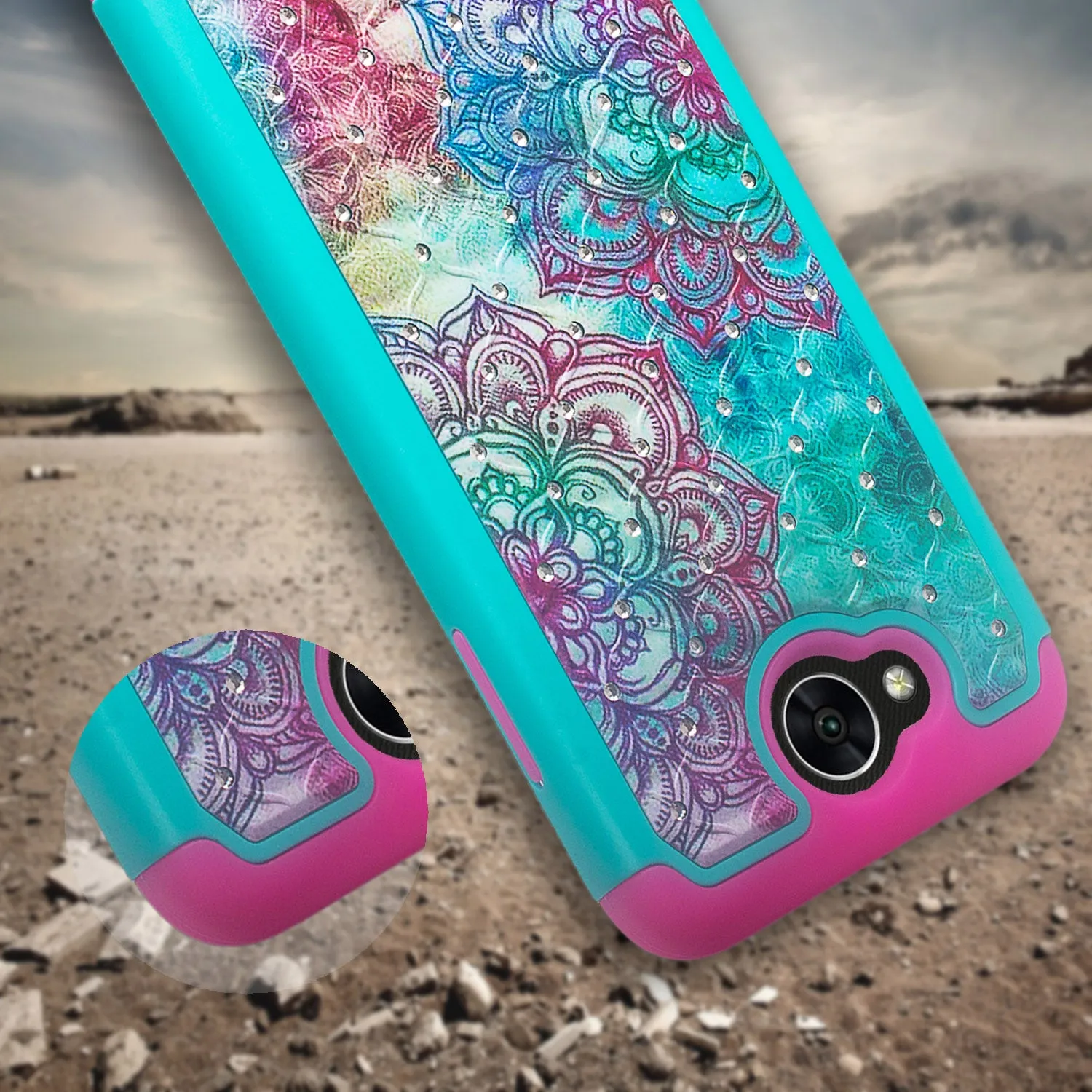 LG X Power 2 Case, LG X Charge, LG Fiesta 2, Fiesta, LG K10 Power, Crystal Rhinestone Hybrid Dual Layer[Shock Resistant] Slim Case Cover - Teal Flower