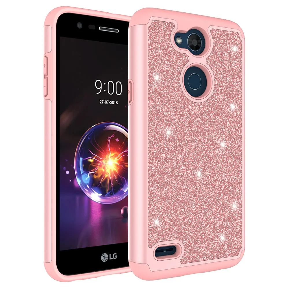 LG X Power 3 Case, X Power 3 Glitter Bling Heavy Duty Shock Proof Hybrid Case with [HD Screen Protector] Dual Layer Protective Phone Case Cover for LG X Power 3 - Rose Gold