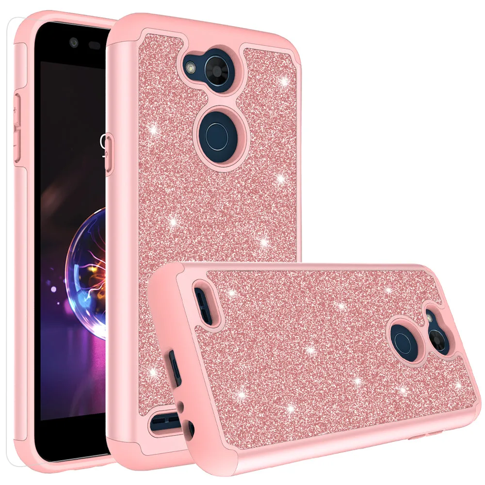 LG X Power 3 Case, X Power 3 Glitter Bling Heavy Duty Shock Proof Hybrid Case with [HD Screen Protector] Dual Layer Protective Phone Case Cover for LG X Power 3 - Rose Gold
