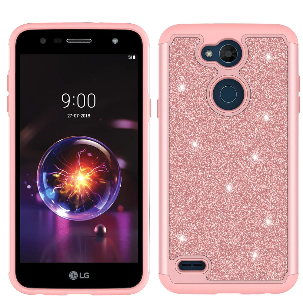 LG X Power 3 Case, X Power 3 Glitter Bling Heavy Duty Shock Proof Hybrid Case with [HD Screen Protector] Dual Layer Protective Phone Case Cover for LG X Power 3 - Rose Gold