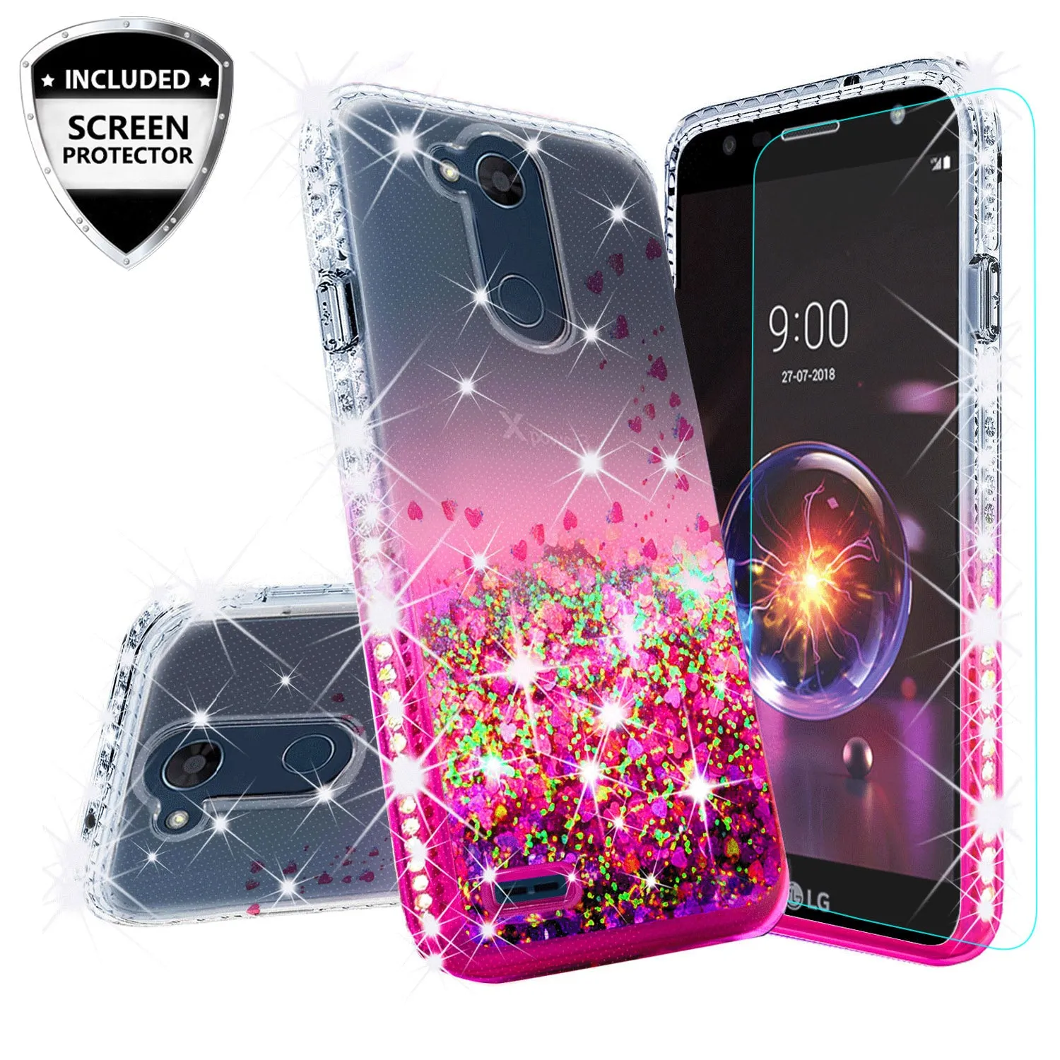LG X Power 3, X Power 3 Case Liquid Glitter Phone Case Waterfall Floating Quicksand Bling Sparkle Cute Protective Girls Women Cover for X Power 3 - Hot Pink
