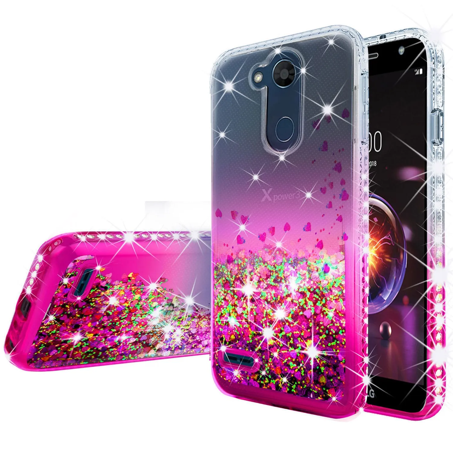 LG X Power 3, X Power 3 Case Liquid Glitter Phone Case Waterfall Floating Quicksand Bling Sparkle Cute Protective Girls Women Cover for X Power 3 - Hot Pink