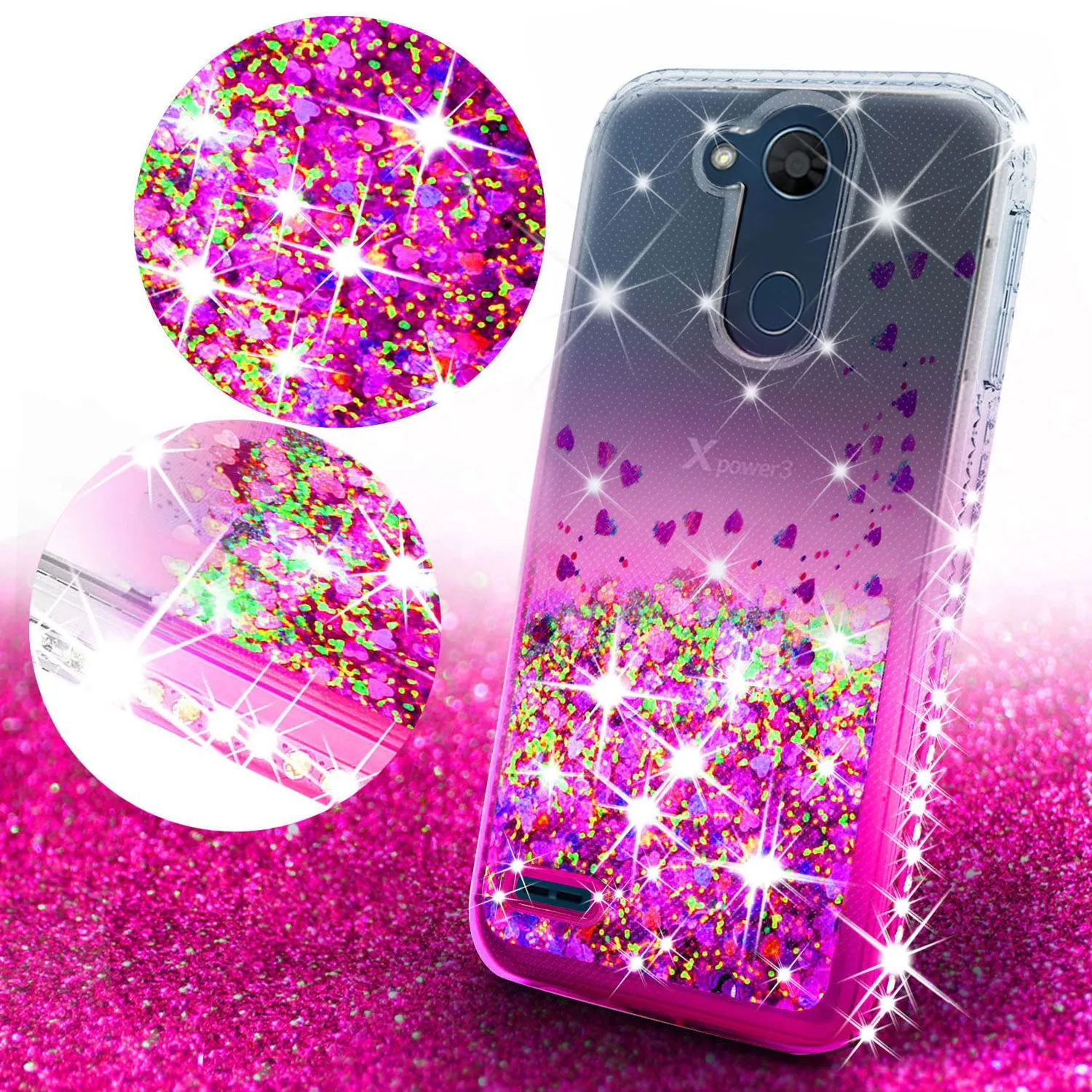 LG X Power 3, X Power 3 Case Liquid Glitter Phone Case Waterfall Floating Quicksand Bling Sparkle Cute Protective Girls Women Cover for X Power 3 - Hot Pink