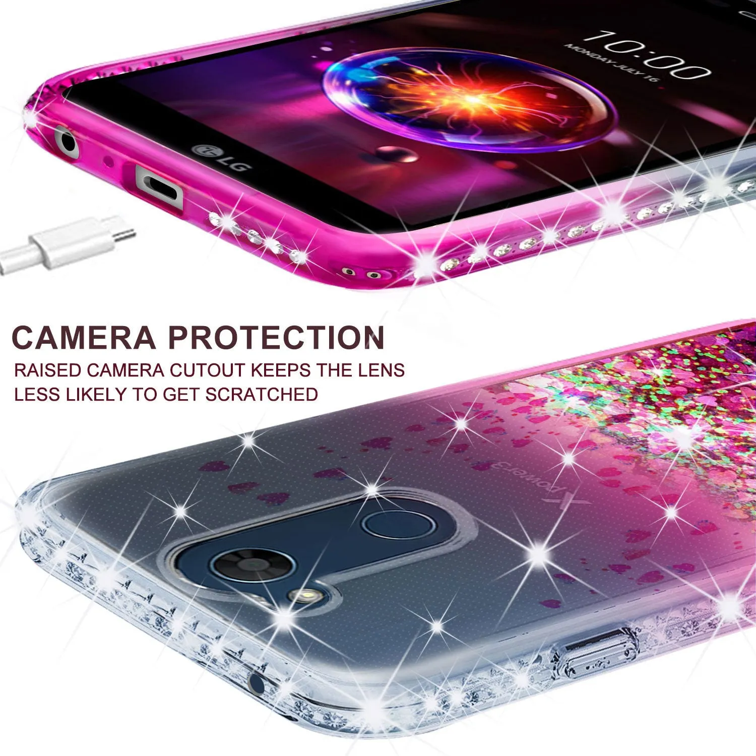 LG X Power 3, X Power 3 Case Liquid Glitter Phone Case Waterfall Floating Quicksand Bling Sparkle Cute Protective Girls Women Cover for X Power 3 - Hot Pink