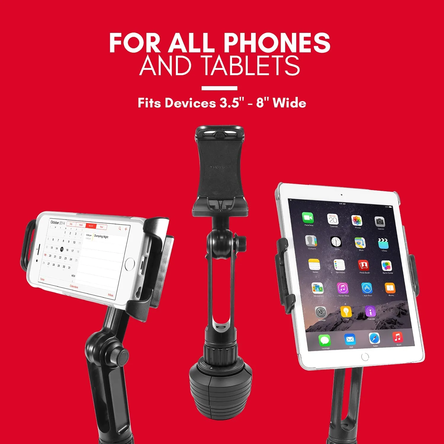 Macally Heavy Duty Tablet Holder for Car - Works as Cup Holder Tablet Mount or Phone Cup Holder - Fits Devices 3.5" - 8” Wide with Case - Adjustable iPad Car Mount with 360° Rotatable Cradle