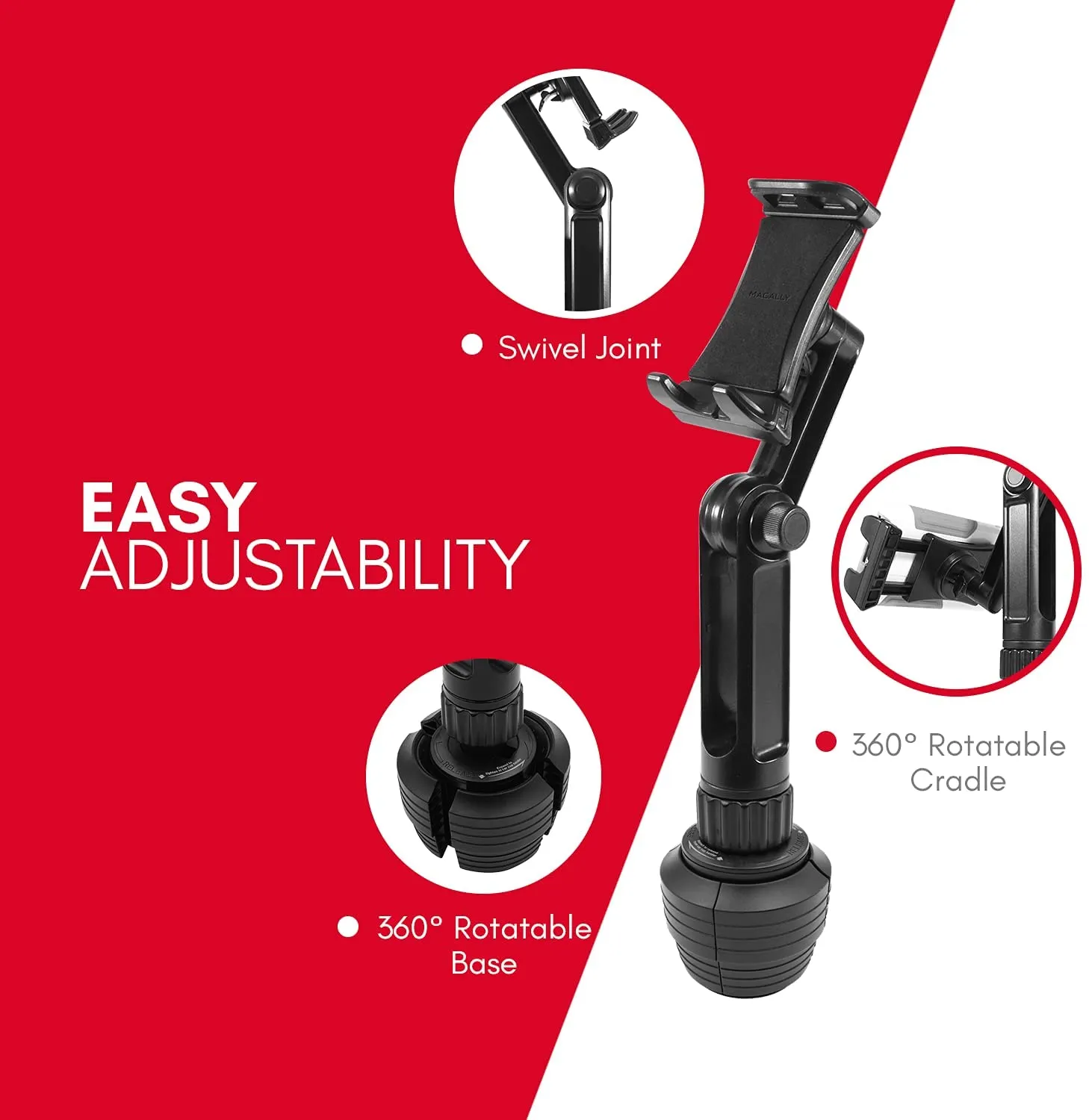 Macally Heavy Duty Tablet Holder for Car - Works as Cup Holder Tablet Mount or Phone Cup Holder - Fits Devices 3.5" - 8” Wide with Case - Adjustable iPad Car Mount with 360° Rotatable Cradle