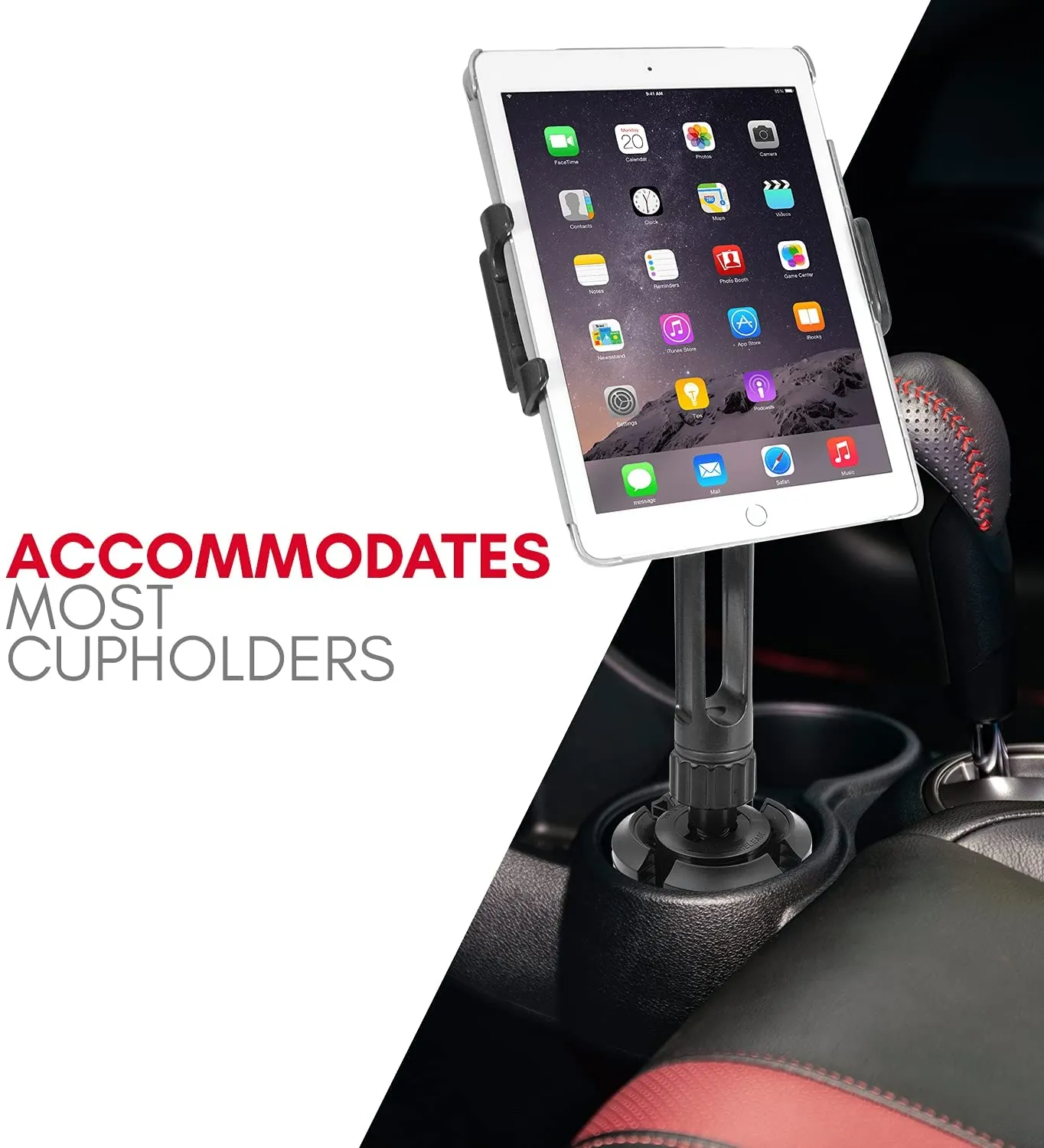 Macally Heavy Duty Tablet Holder for Car - Works as Cup Holder Tablet Mount or Phone Cup Holder - Fits Devices 3.5" - 8” Wide with Case - Adjustable iPad Car Mount with 360° Rotatable Cradle