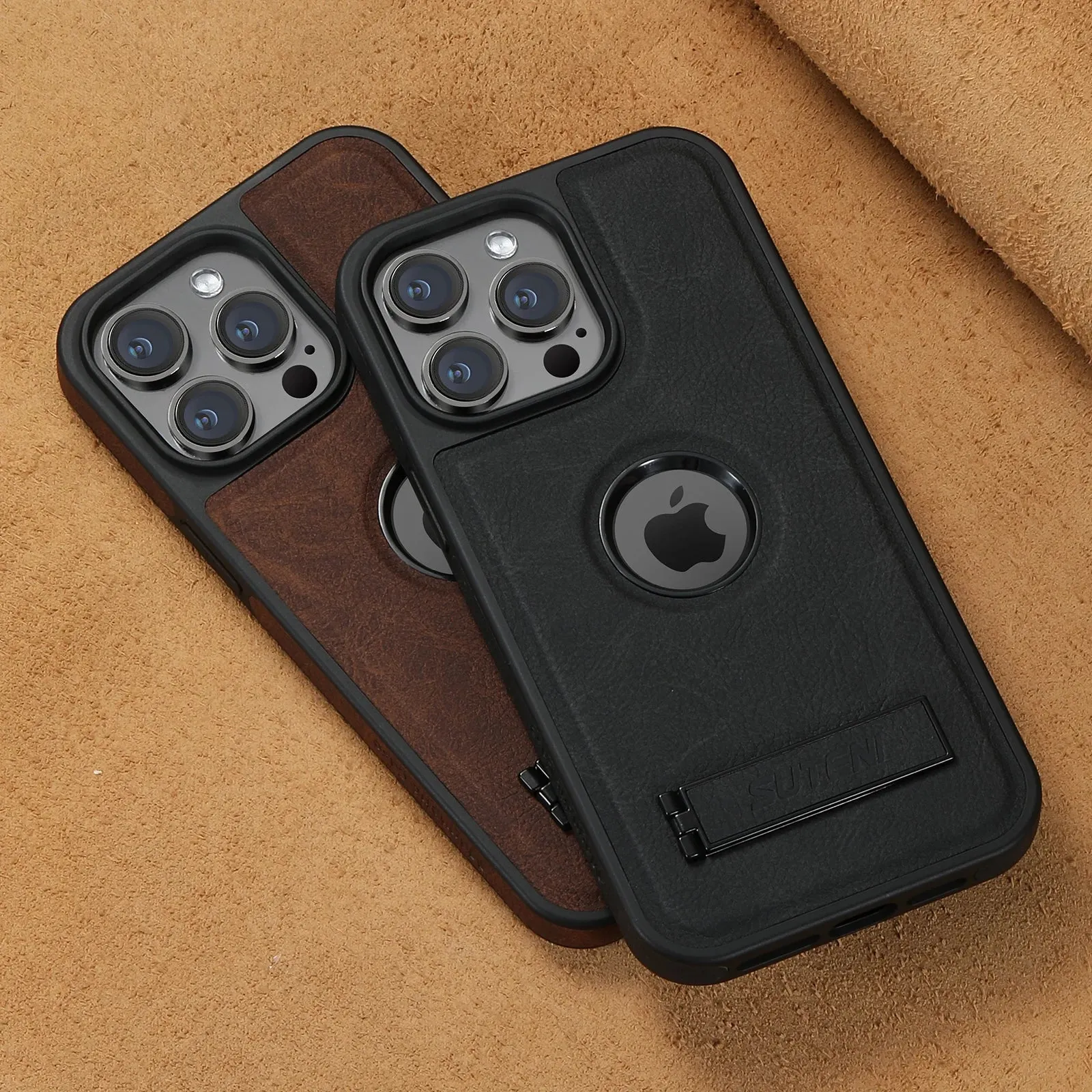 MagSafe Invisible Bracket Leather Case for iPhone 12-16 Pro Max with Kickstand