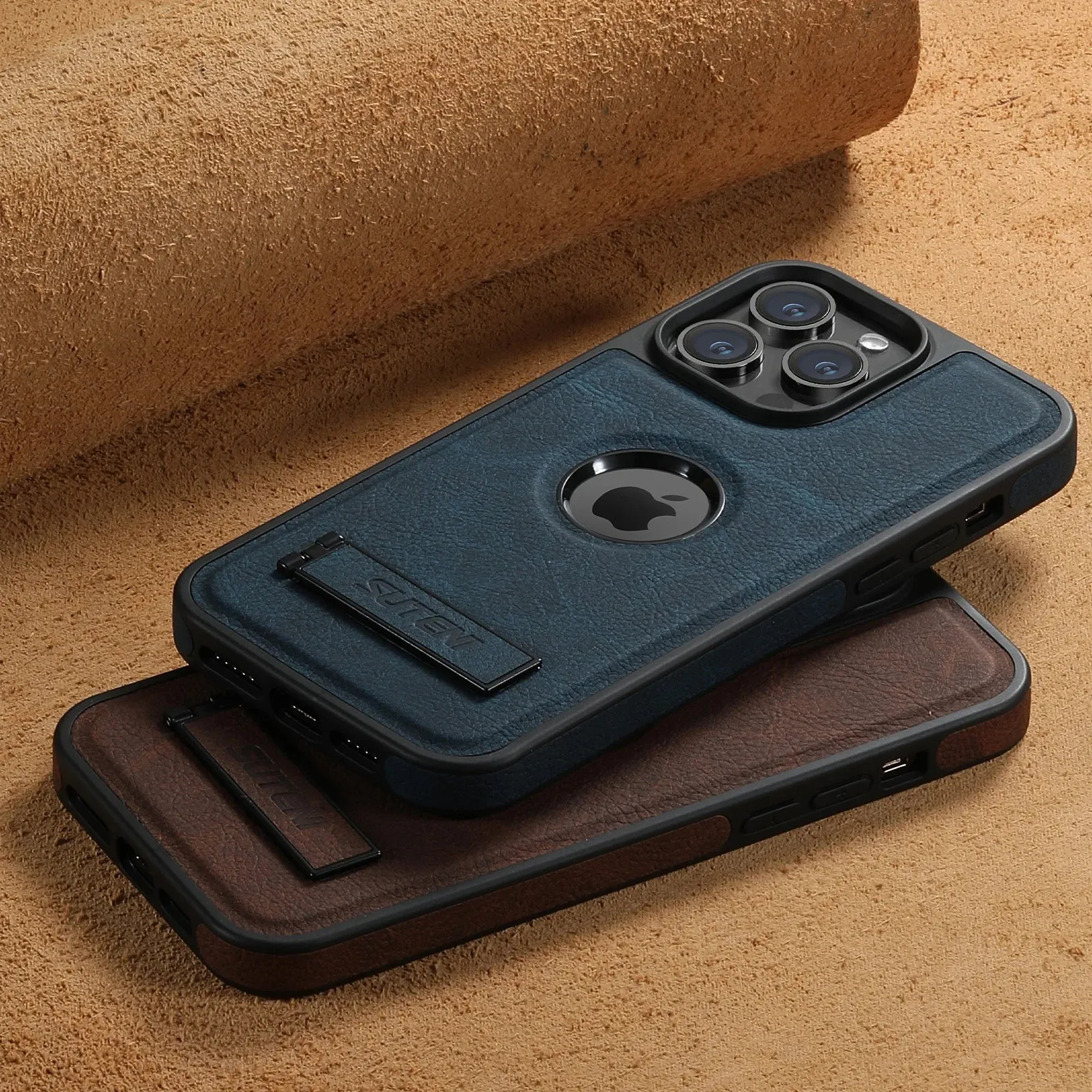 MagSafe Invisible Bracket Leather Case for iPhone 12-16 Pro Max with Kickstand