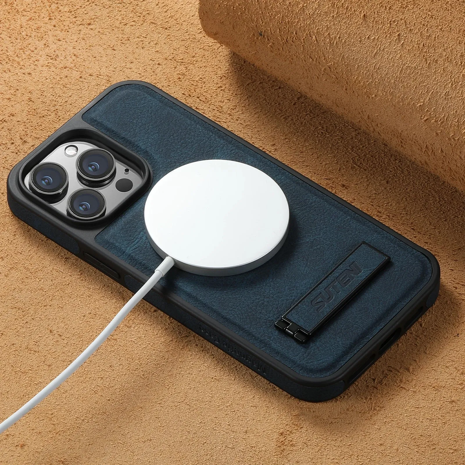 MagSafe Invisible Bracket Leather Case for iPhone 12-16 Pro Max with Kickstand
