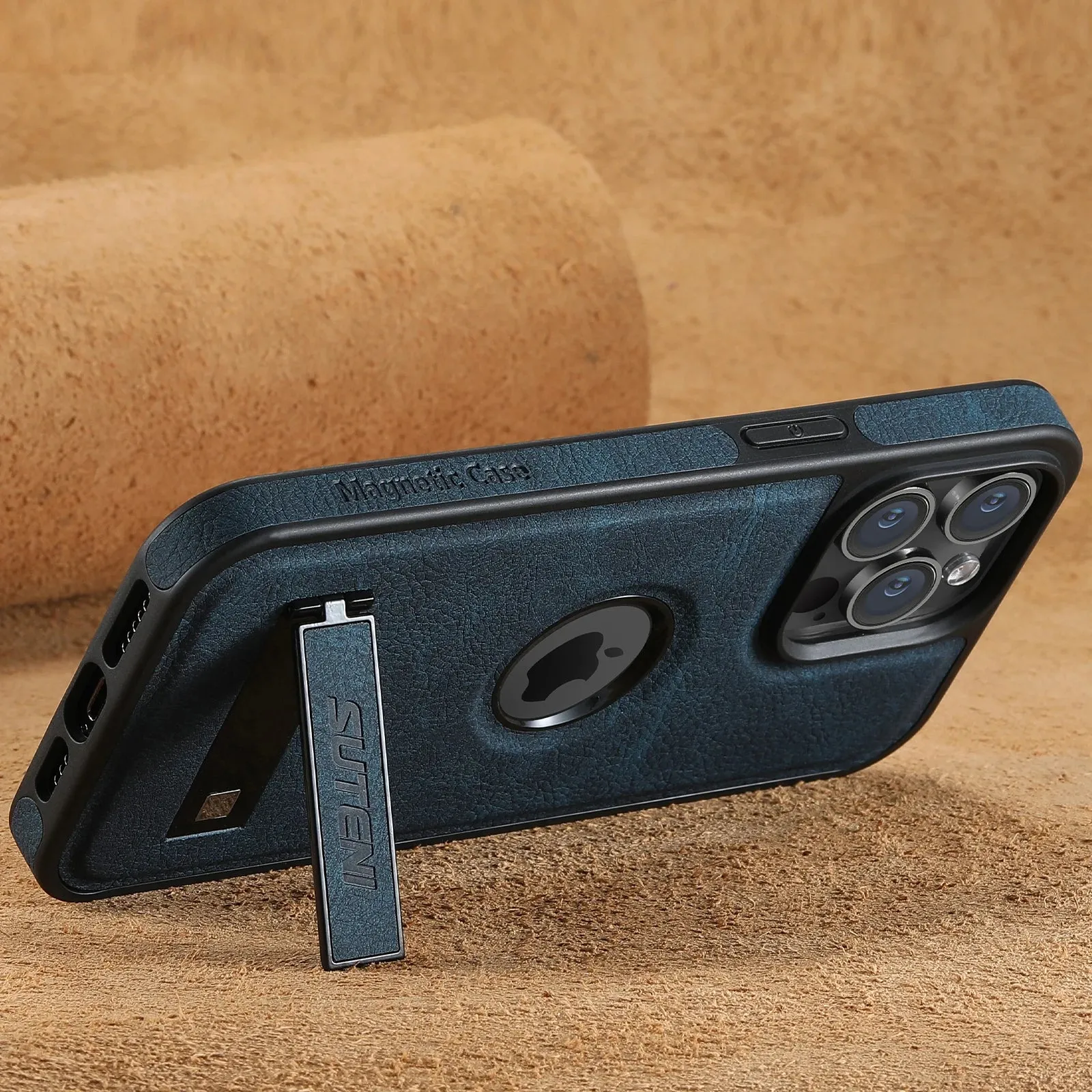 MagSafe Invisible Bracket Leather Case for iPhone 12-16 Pro Max with Kickstand
