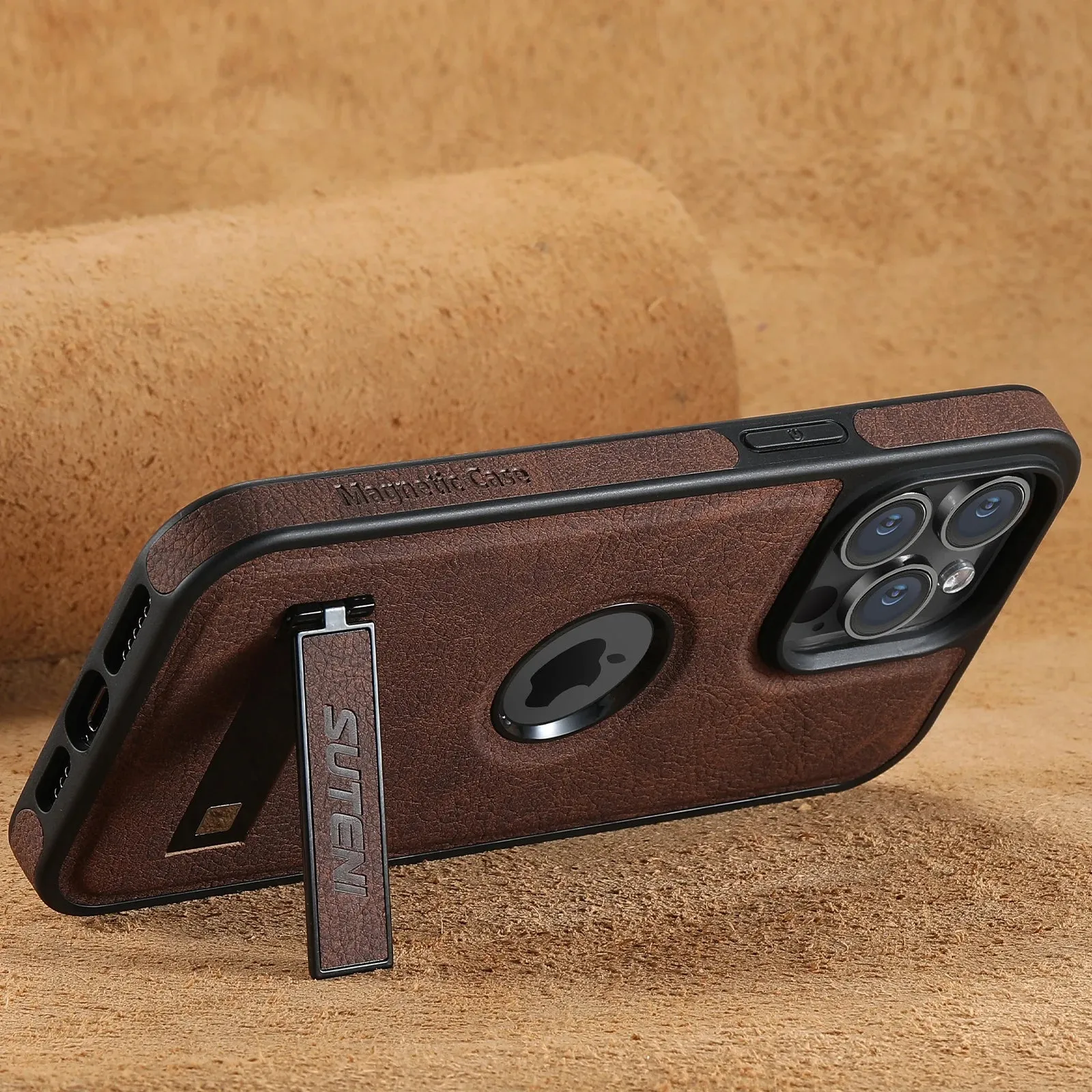 MagSafe Invisible Bracket Leather Case for iPhone 12-16 Pro Max with Kickstand