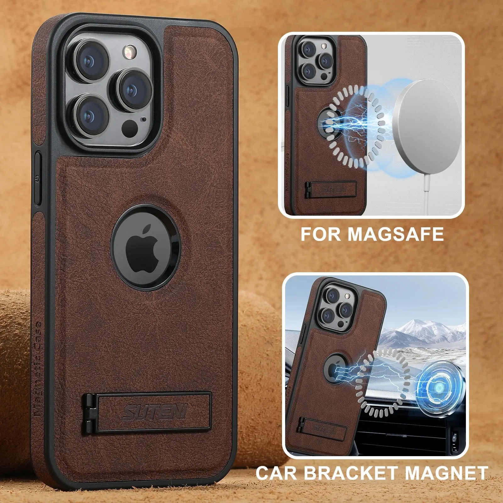 MagSafe Invisible Bracket Leather Case for iPhone 12-16 Pro Max with Kickstand