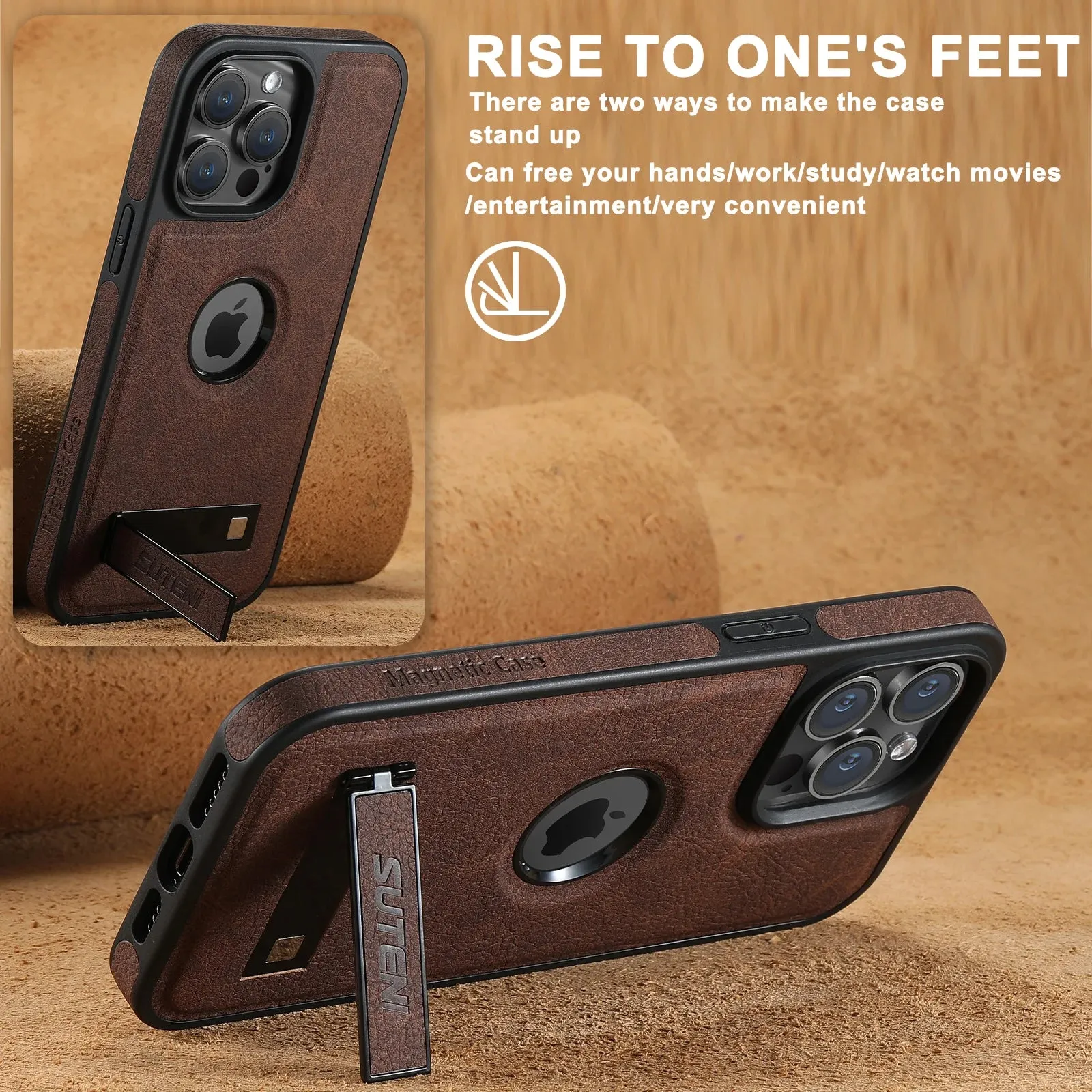 MagSafe Invisible Bracket Leather Case for iPhone 12-16 Pro Max with Kickstand