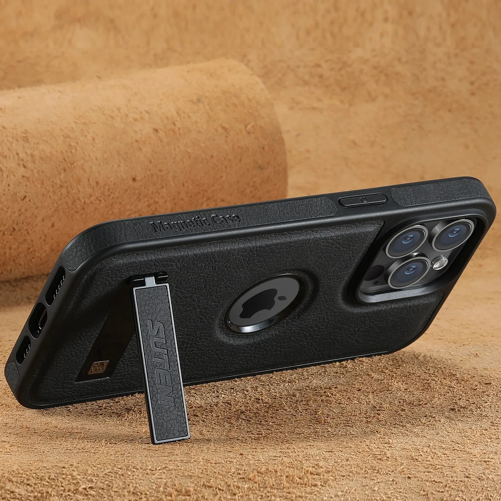 MagSafe Invisible Bracket Leather Case for iPhone 12-16 Pro Max with Kickstand