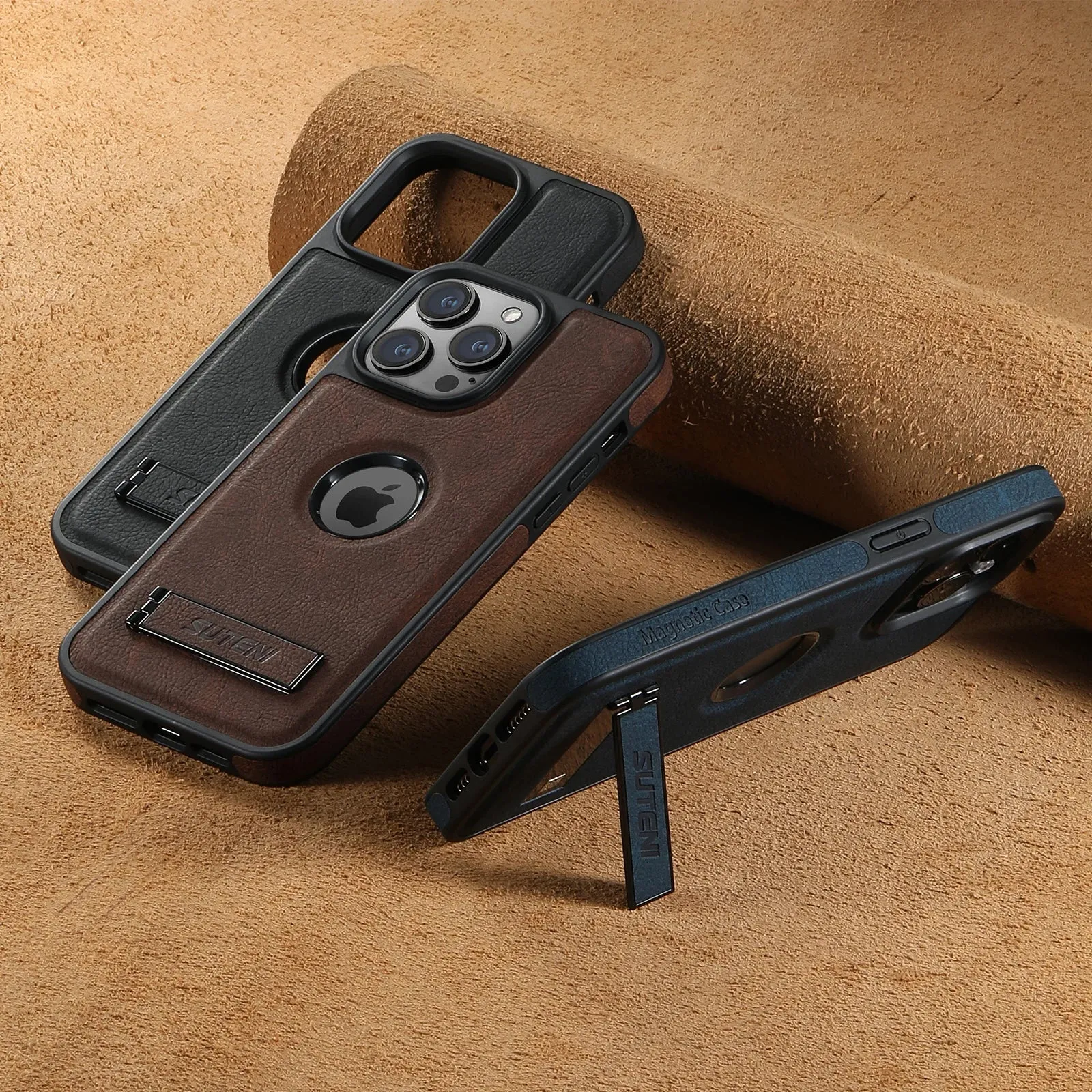 MagSafe Invisible Bracket Leather Case for iPhone 12-16 Pro Max with Kickstand