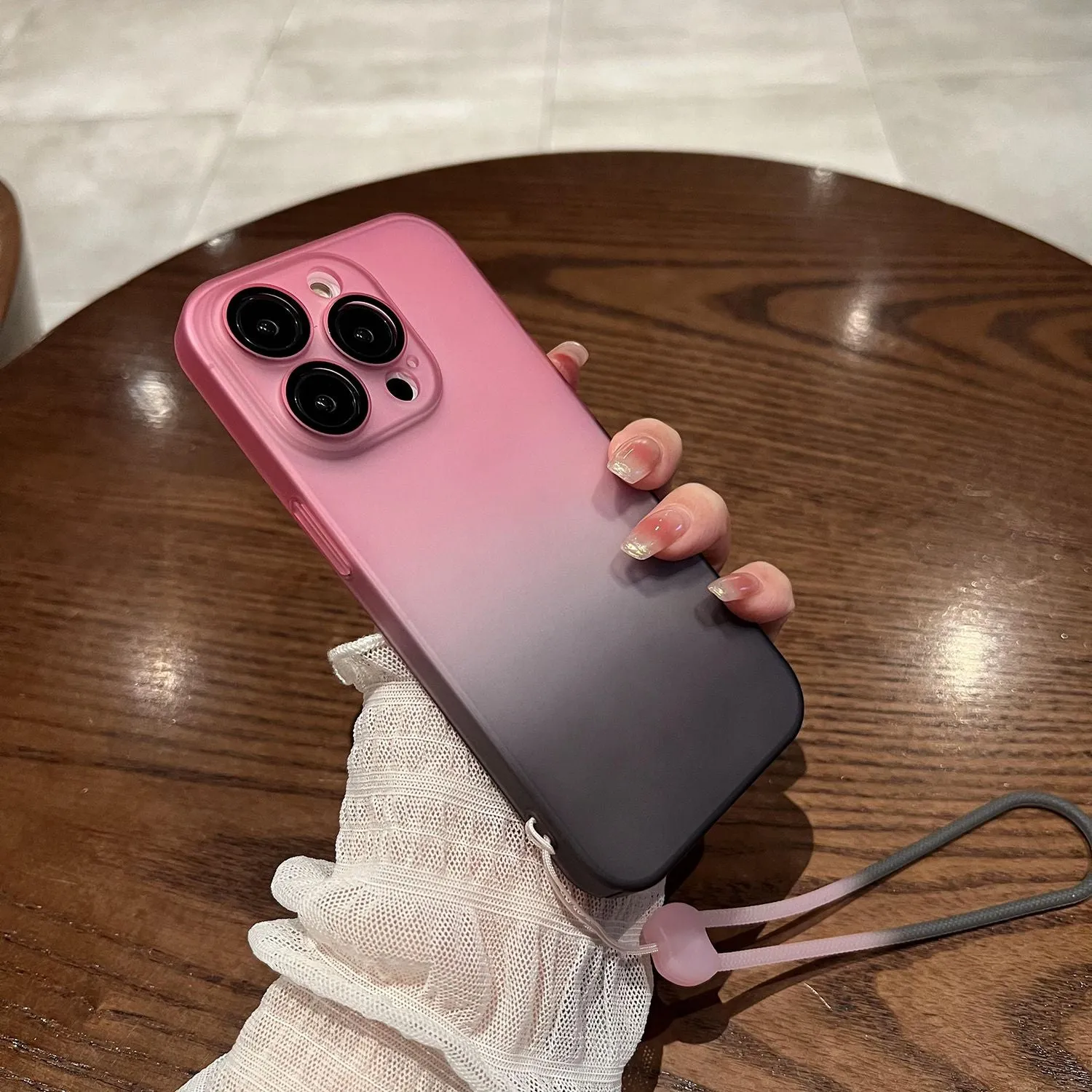 Matte Frosted Gradient Phone Case for iPhone 14 Pro 13 12 Pro Max 14 Plus 13 Lens Protection Shockproof Hard Cover with Lanyard