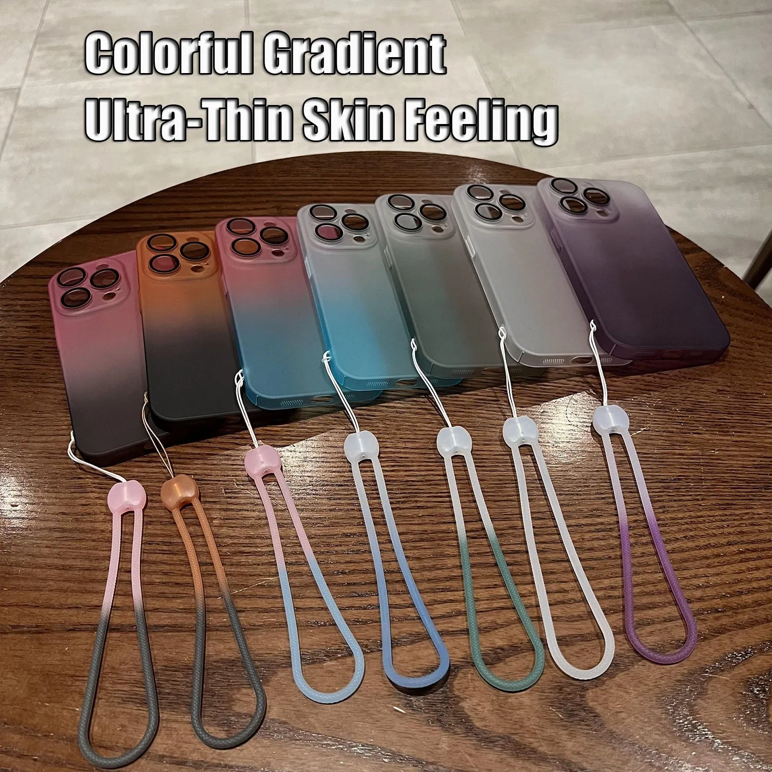 Matte Frosted Gradient Phone Case for iPhone 14 Pro 13 12 Pro Max 14 Plus 13 Lens Protection Shockproof Hard Cover with Lanyard