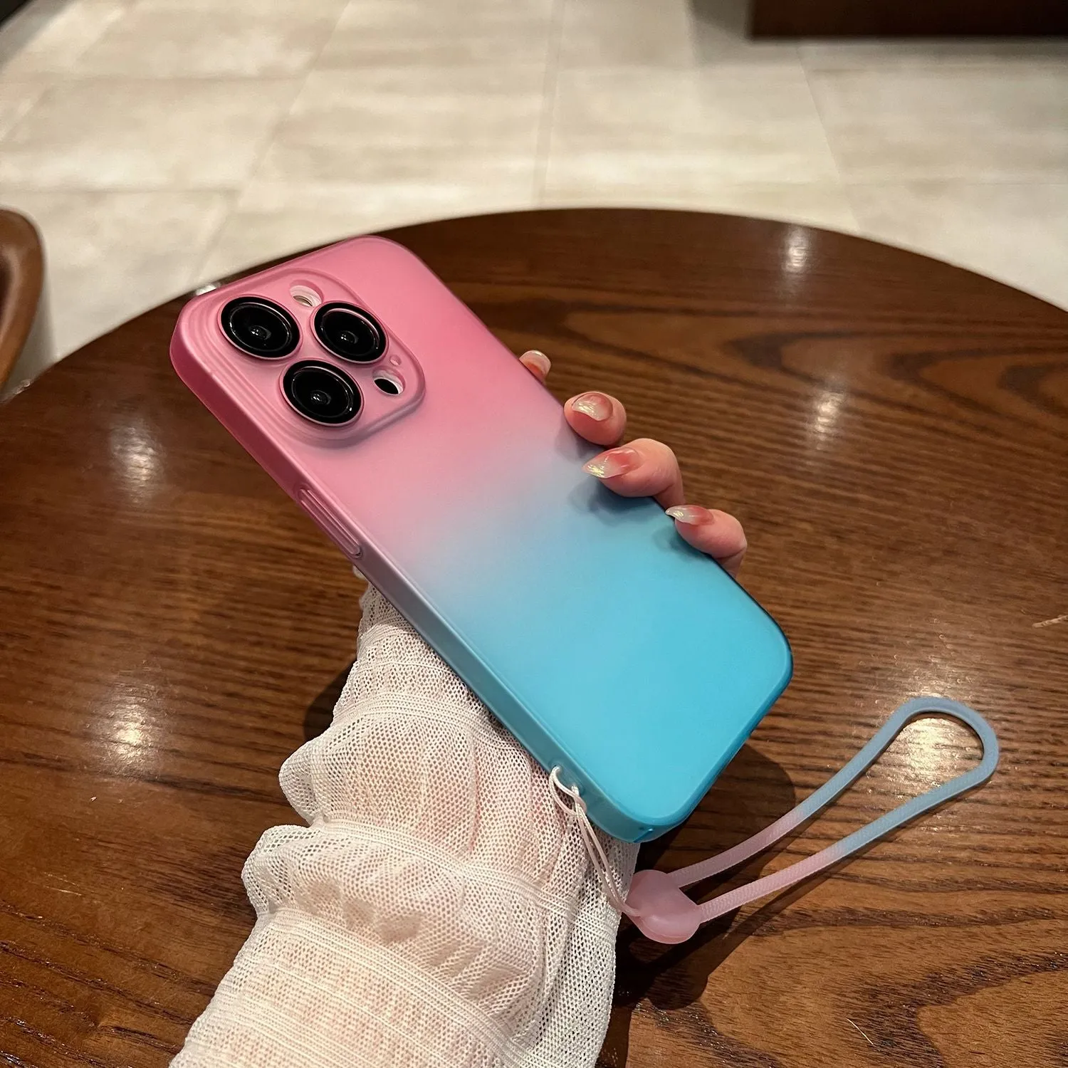 Matte Frosted Gradient Phone Case for iPhone 14 Pro 13 12 Pro Max 14 Plus 13 Lens Protection Shockproof Hard Cover with Lanyard