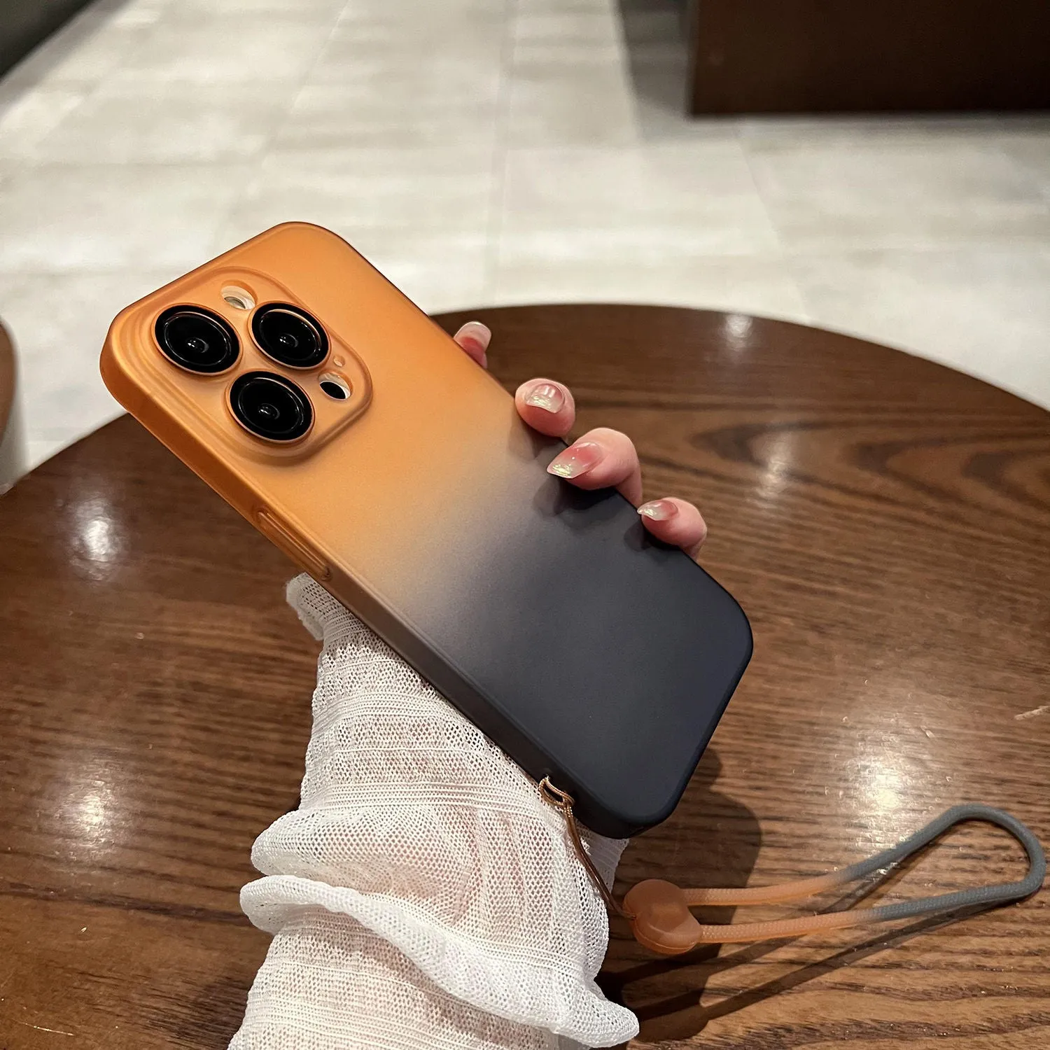 Matte Frosted Gradient Phone Case for iPhone 14 Pro 13 12 Pro Max 14 Plus 13 Lens Protection Shockproof Hard Cover with Lanyard