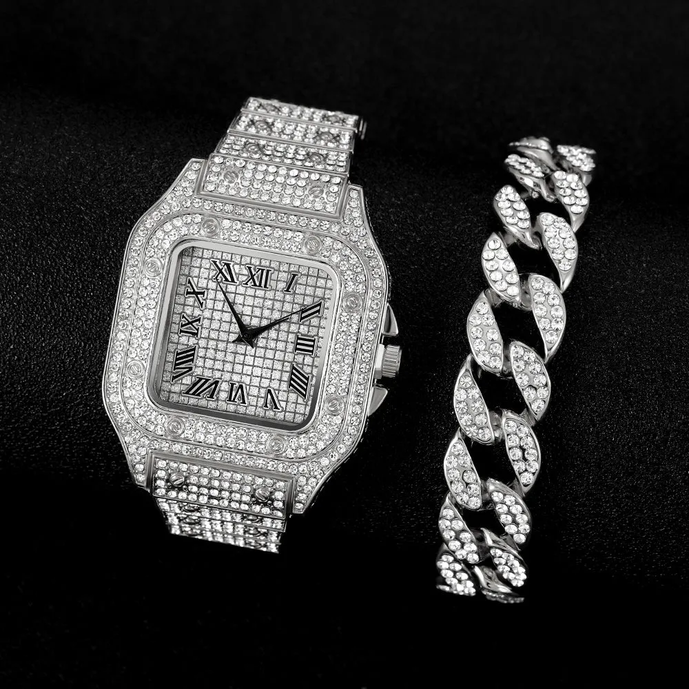 Men's Rhinestone Square Big Dial Hip Hop Watch Chain Bracelet Set