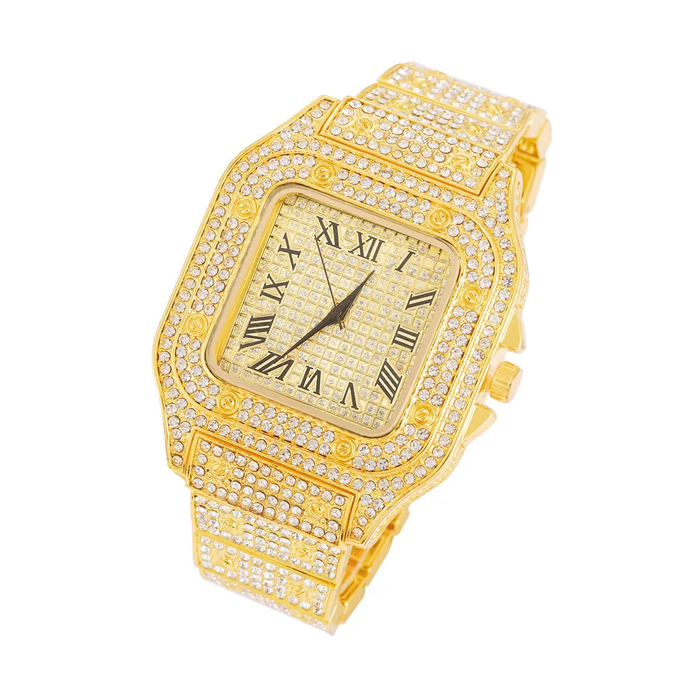 Men's Rhinestone Square Big Dial Hip Hop Watch Chain Bracelet Set