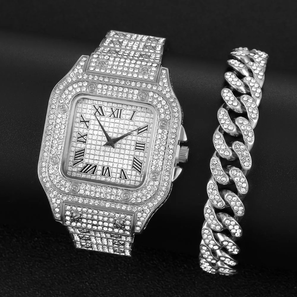 Men's Rhinestone Square Big Dial Hip Hop Watch Chain Bracelet Set