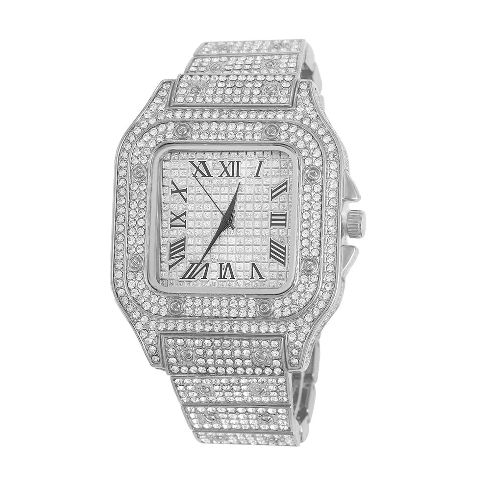 Men's Rhinestone Square Big Dial Hip Hop Watch Chain Bracelet Set