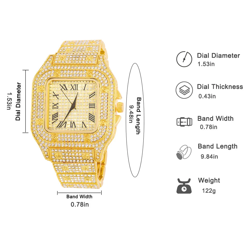 Men's Rhinestone Square Big Dial Hip Hop Watch Chain Bracelet Set