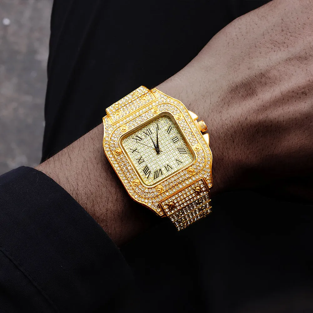 Men's Rhinestone Square Big Dial Hip Hop Watch Chain Bracelet Set