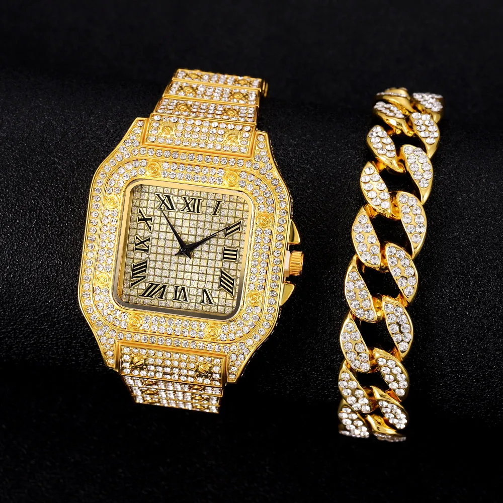 Men's Rhinestone Square Big Dial Hip Hop Watch Chain Bracelet Set