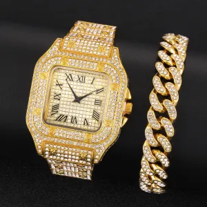Men's Rhinestone Square Big Dial Hip Hop Watch Chain Bracelet Set