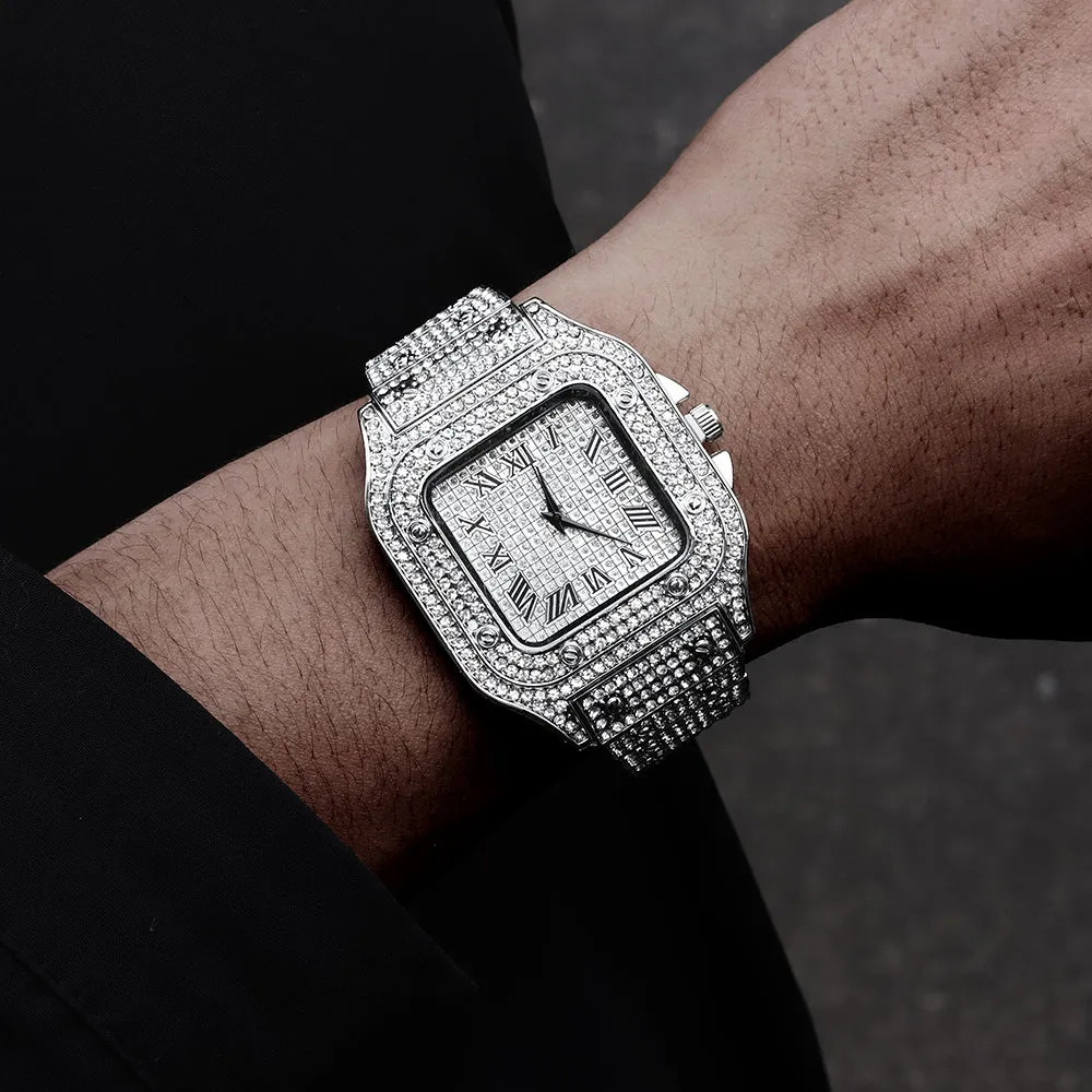Men's Rhinestone Square Big Dial Hip Hop Watch Chain Bracelet Set