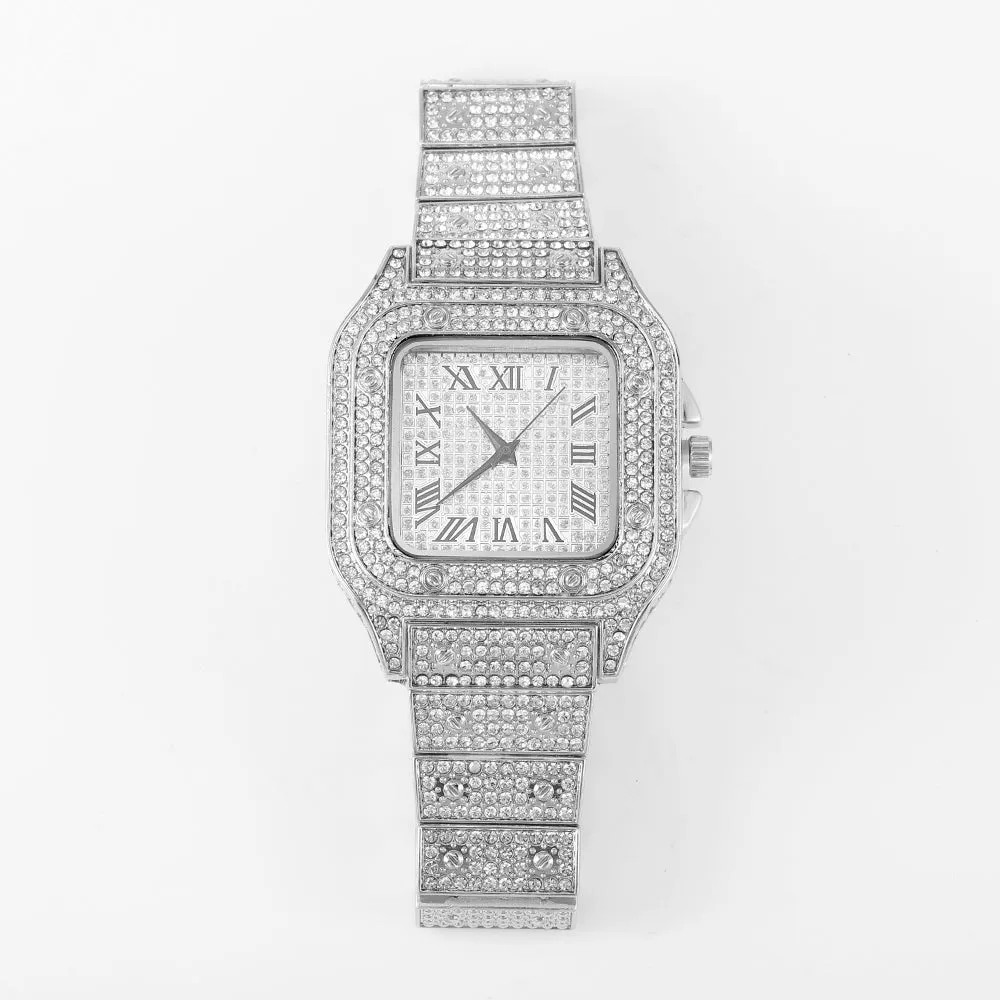 Men's Rhinestone Square Big Dial Hip Hop Watch Chain Bracelet Set