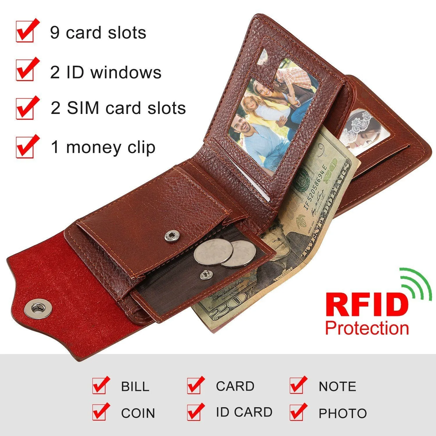 Men's Wallet PU Leather BiFold RFID Blocking Card Holder