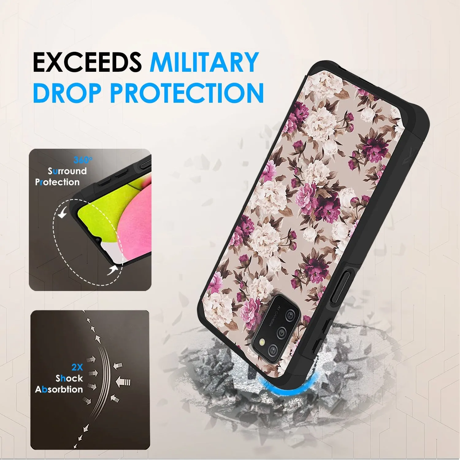 Metkase Tough Strong Slim Dual-Layer Shockproof Hybrid Case Cover For Samsung Galaxy A03S - Floral Bouquet