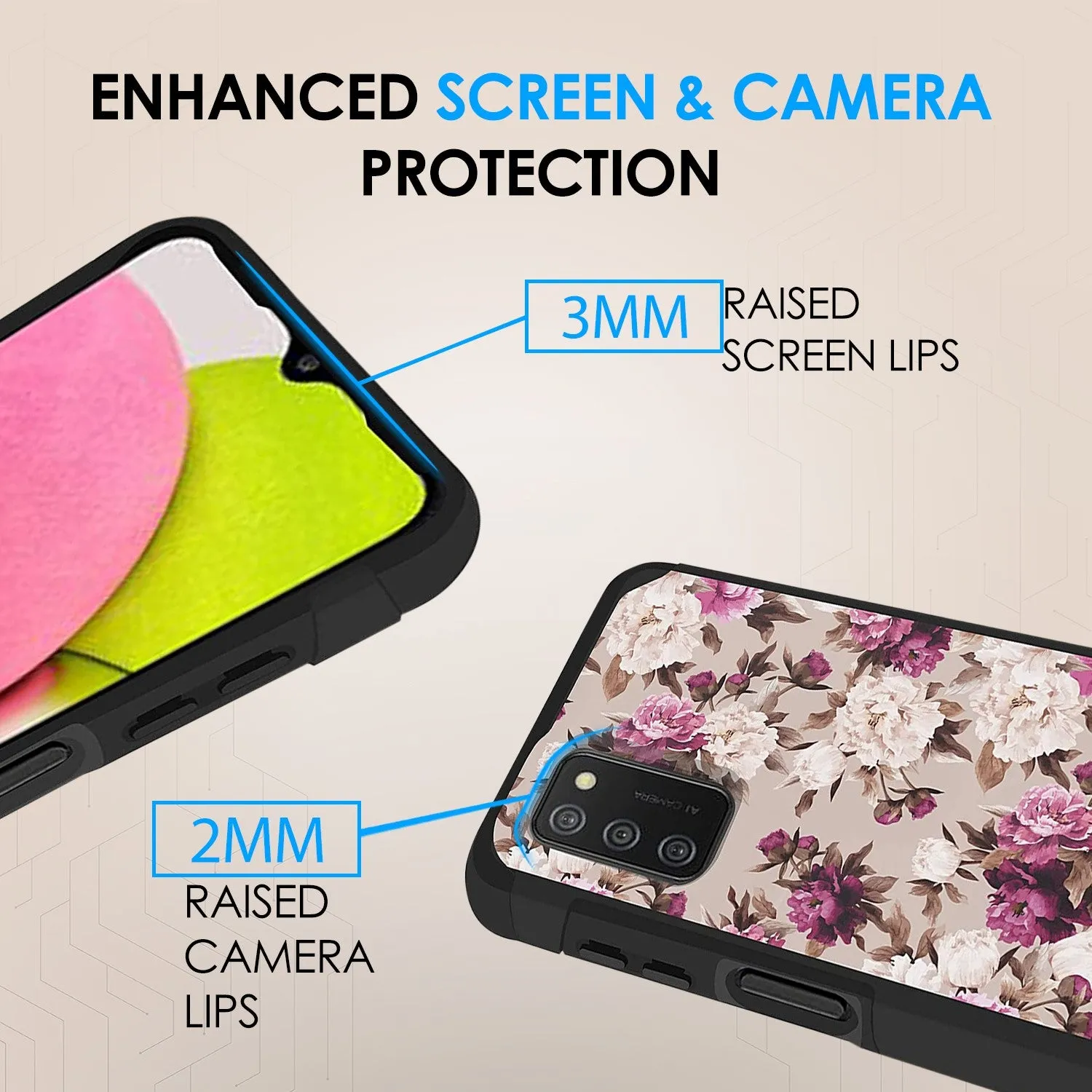 Metkase Tough Strong Slim Dual-Layer Shockproof Hybrid Case Cover For Samsung Galaxy A03S - Floral Bouquet