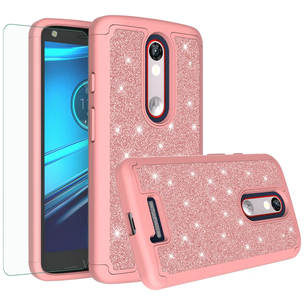 Motorola Droid Turbo 2 Case | Moto X Force Case | Kinzie Bounce Case, Glitter Bling Heavy Duty Shock Proof Hybrid Case with [HD Screen Protector] Dual Layer Protective Phone Case Cover for Motorola Droid Turbo 2/X Force/Kinzie Bounce - Rose Gold