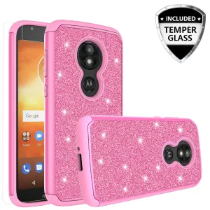 Motorola Moto E5 Play | e5 Cruise | E5 GO Case, Glitter Bling Heavy Duty Shock Proof Hybrid Case with [Tempered Glass Screen Protector] Dual Layer Protective Phone Case Cover 5 Cruise - Hot Pink