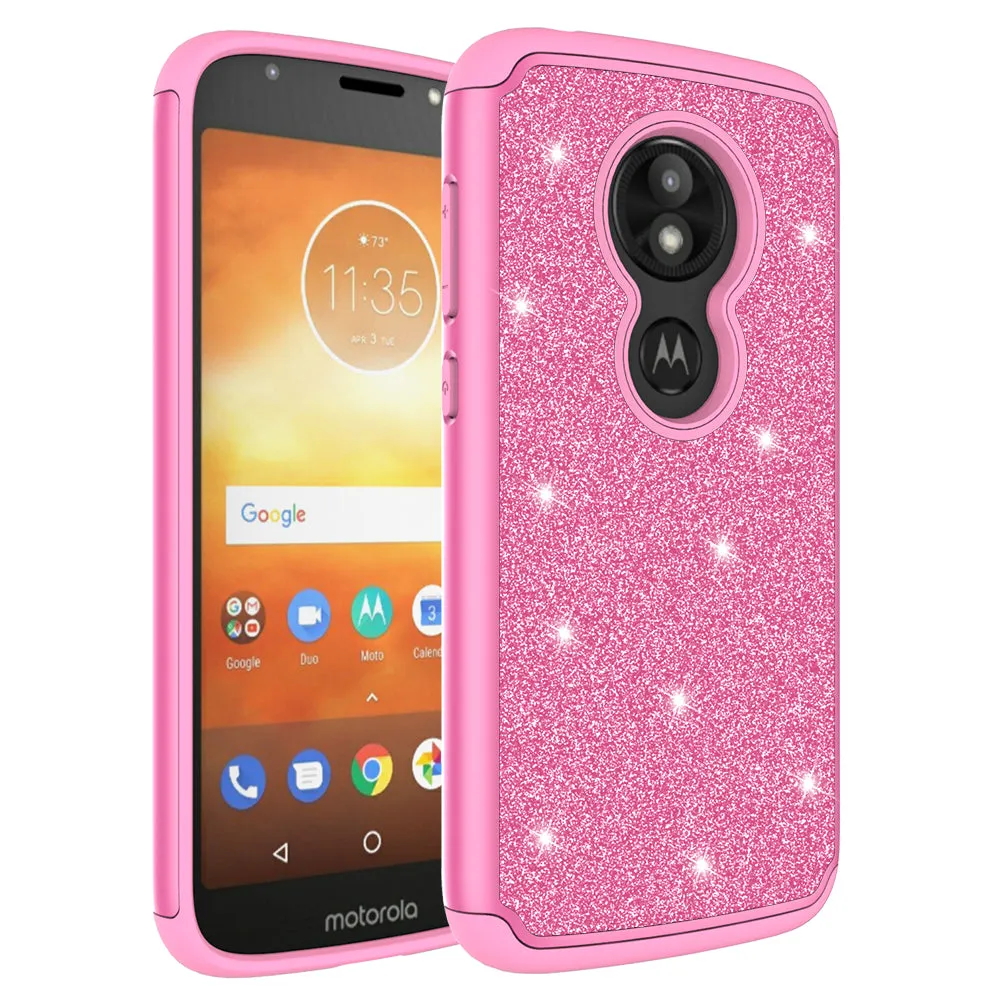 Motorola Moto E5 Play | e5 Cruise | E5 GO Case, Glitter Bling Heavy Duty Shock Proof Hybrid Case with [Tempered Glass Screen Protector] Dual Layer Protective Phone Case Cover 5 Cruise - Hot Pink