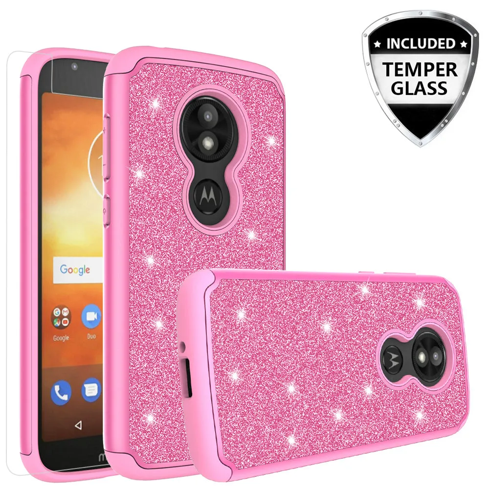 Motorola Moto E5 Play | e5 Cruise | E5 GO Case, Glitter Bling Heavy Duty Shock Proof Hybrid Case with [Tempered Glass Screen Protector] Dual Layer Protective Phone Case Cover 5 Cruise - Hot Pink