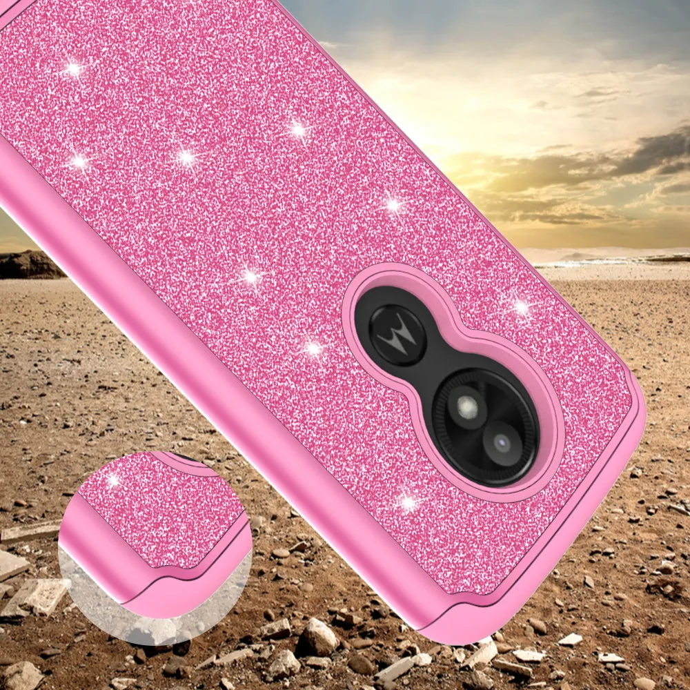 Motorola Moto E5 Play | e5 Cruise | E5 GO Case, Glitter Bling Heavy Duty Shock Proof Hybrid Case with [Tempered Glass Screen Protector] Dual Layer Protective Phone Case Cover 5 Cruise - Hot Pink