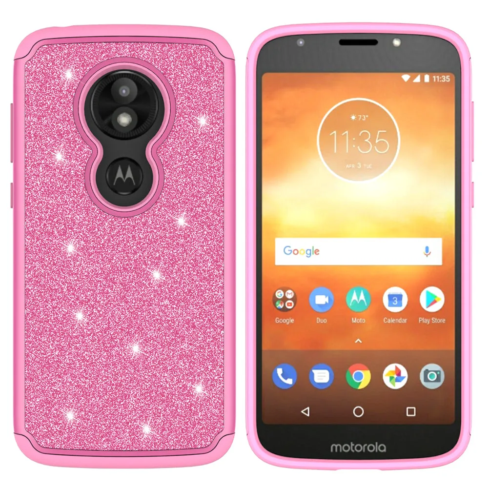 Motorola Moto E5 Play | e5 Cruise | E5 GO Case, Glitter Bling Heavy Duty Shock Proof Hybrid Case with [Tempered Glass Screen Protector] Dual Layer Protective Phone Case Cover 5 Cruise - Hot Pink