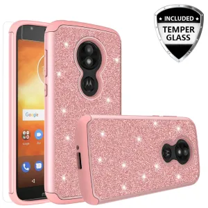 Motorola Moto E5 Play | e5 Cruise | E5 GO Case, Glitter Bling Heavy Duty Shock Proof Hybrid Case with [Tempered Glass Screen Protector] Dual Layer Protective Phone Case Cover 5 Cruise - Rose Gold