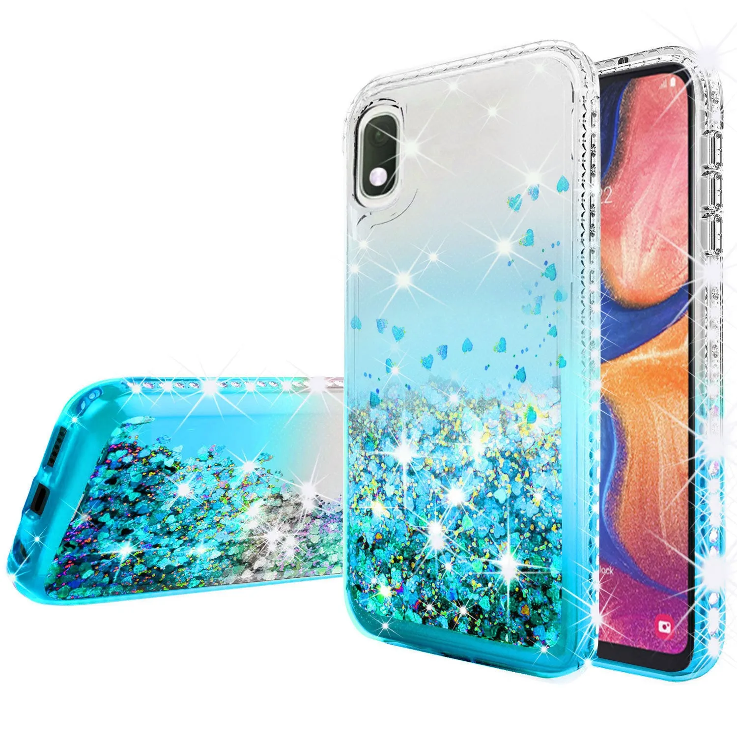Motorola Moto E6 Case Liquid Glitter Phone Case Waterfall Floating Quicksand Bling Sparkle Cute Protective Girls Women Cover for Motorola Moto E6 W/Temper Glass- Teal