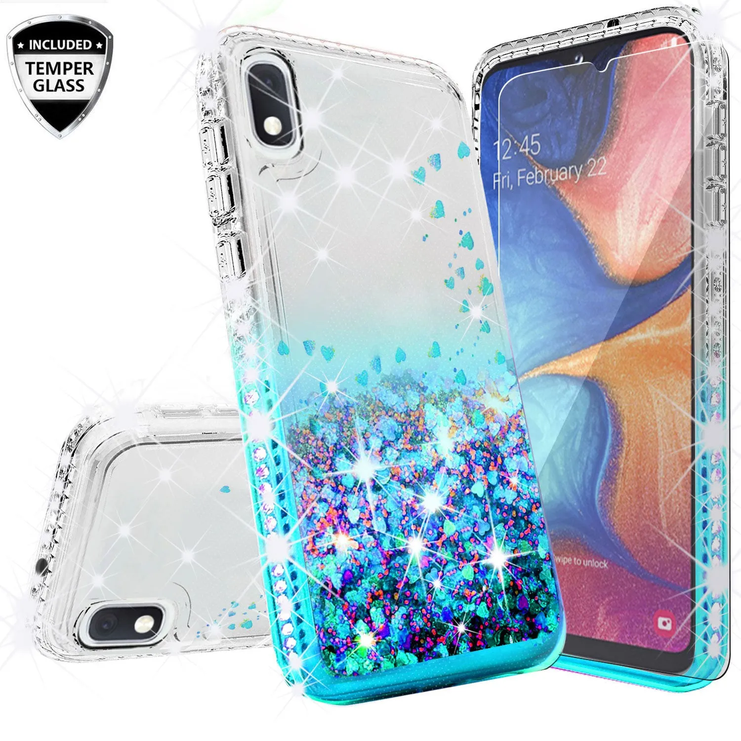 Motorola Moto E6 Case Liquid Glitter Phone Case Waterfall Floating Quicksand Bling Sparkle Cute Protective Girls Women Cover for Motorola Moto E6 W/Temper Glass- Teal