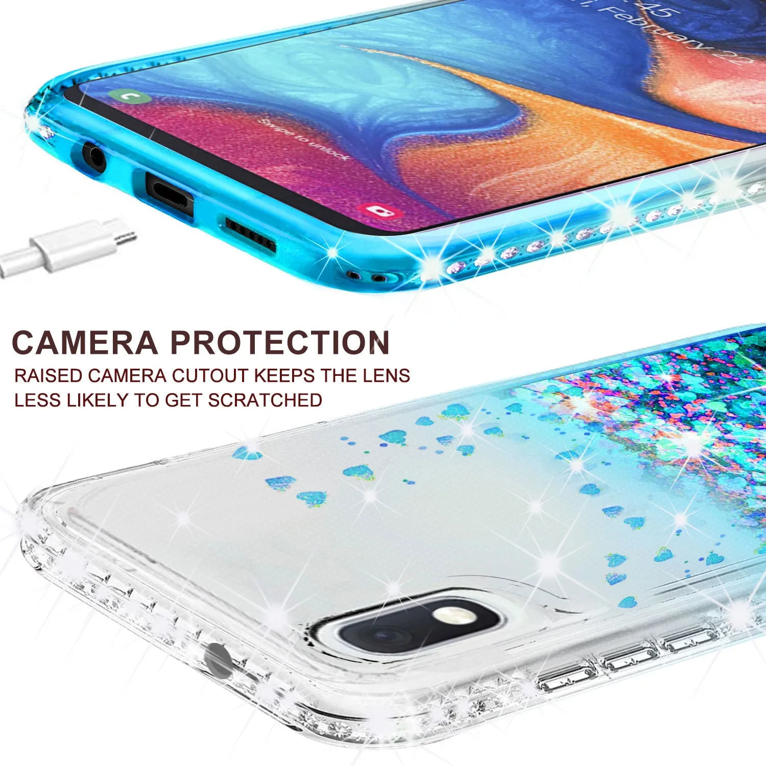 Motorola Moto E6 Case Liquid Glitter Phone Case Waterfall Floating Quicksand Bling Sparkle Cute Protective Girls Women Cover for Motorola Moto E6 W/Temper Glass- Teal