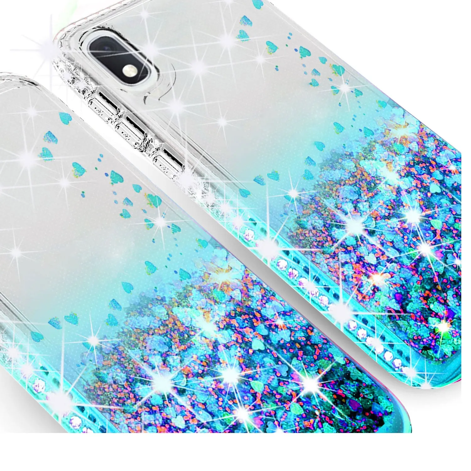 Motorola Moto E6 Case Liquid Glitter Phone Case Waterfall Floating Quicksand Bling Sparkle Cute Protective Girls Women Cover for Motorola Moto E6 W/Temper Glass- Teal
