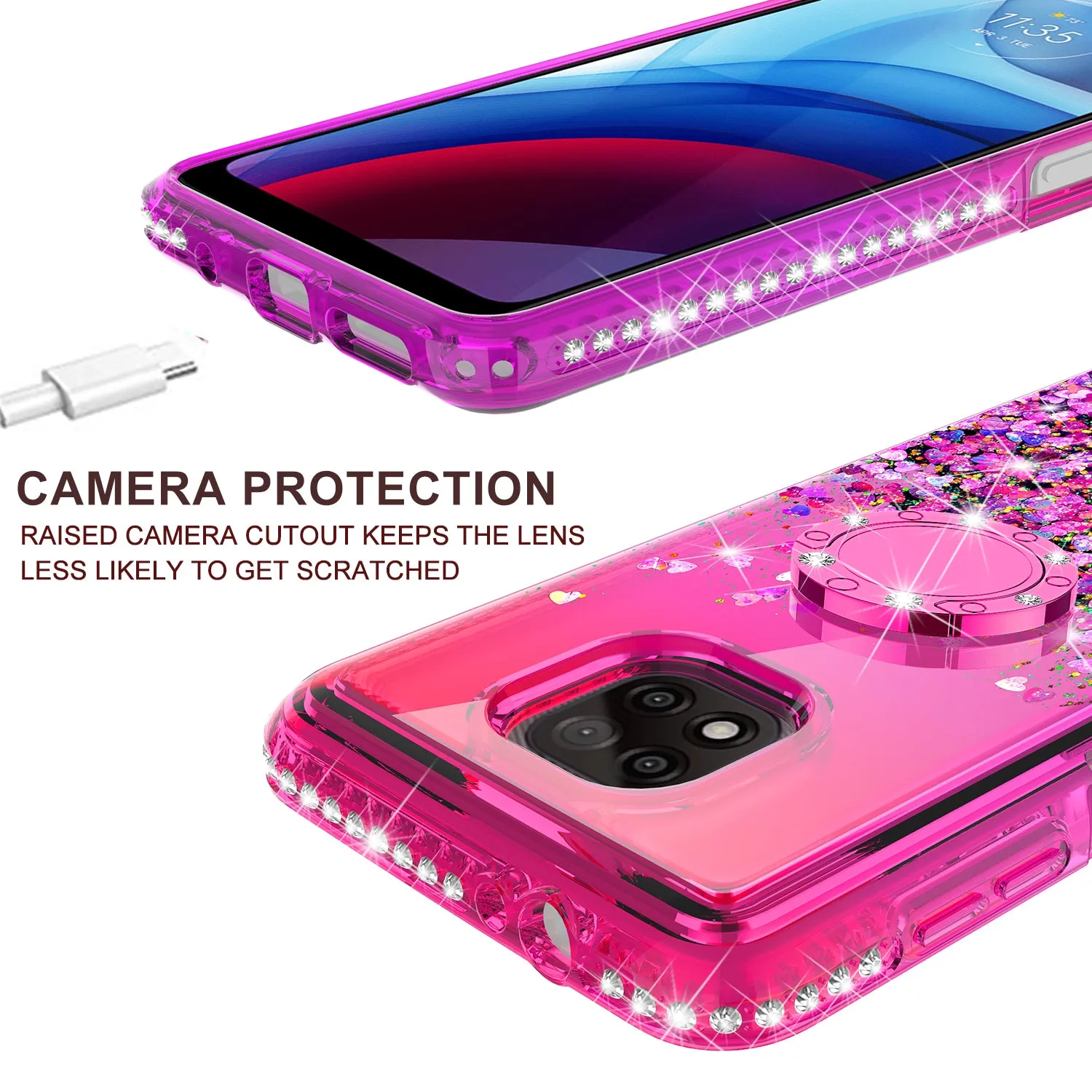 Motorola moto g power 2021 Case, Ring Stand Liquid Floating Quicksand Bling Sparkle Protective Girls Women for Motorola moto g power 2021 W/Tempered Glass - (Hot Pink/Purple Gradient)